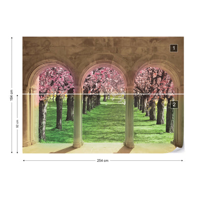 Flowering Trees Cherry Blossom View Through Stone Arches Photo Wallpaper Wall Mural - USTAD HOME