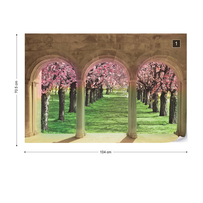 Flowering Trees Cherry Blossom View Through Stone Arches Photo Wallpaper Wall Mural - USTAD HOME