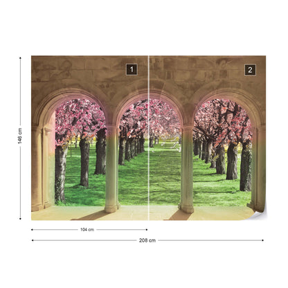 Flowering Trees Cherry Blossom View Through Stone Arches Photo Wallpaper Wall Mural - USTAD HOME