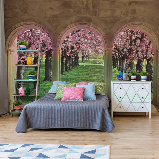 Flowering Trees Cherry Blossom View Through Stone Arches Photo Wallpaper Wall Mural - USTAD HOME