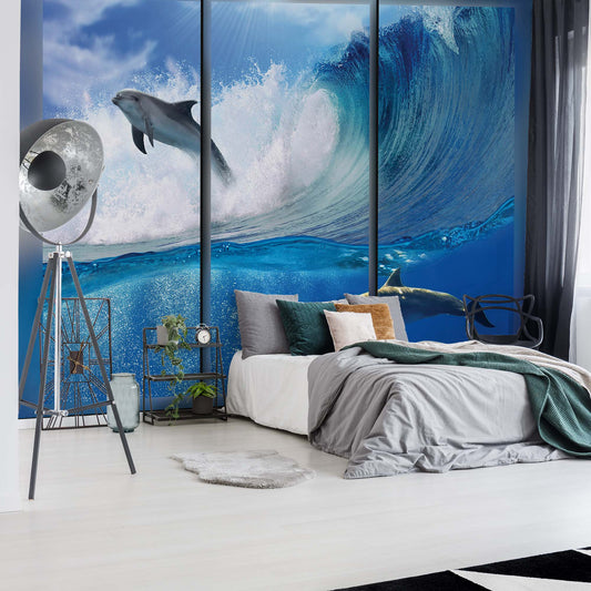 Dolphins Sea Wave Window View Photo Wallpaper Wall Mural - USTAD HOME