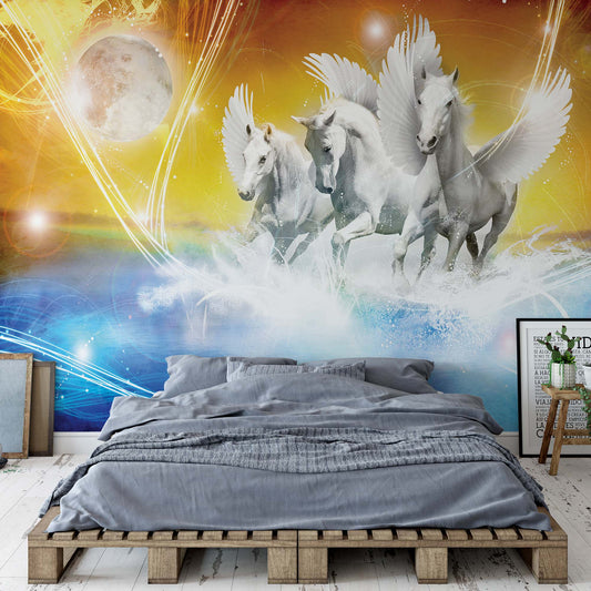 Winged Horses Pegasus Yellow And Blue Photo Wallpaper Wall Mural - USTAD HOME