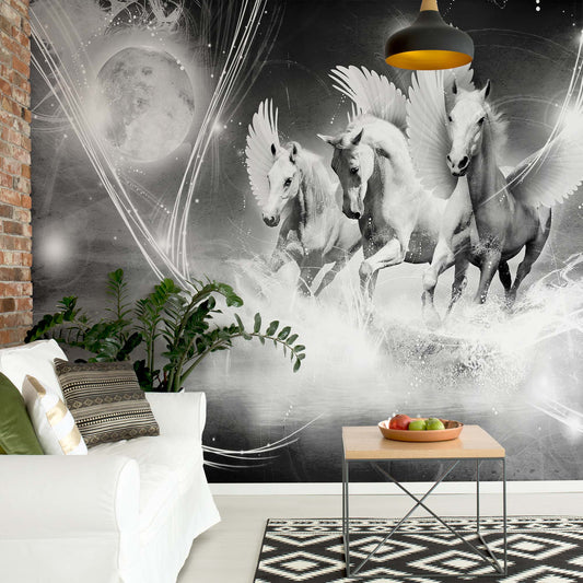 Winged Horses Pegasus Black And White Photo Wallpaper Wall Mural - USTAD HOME