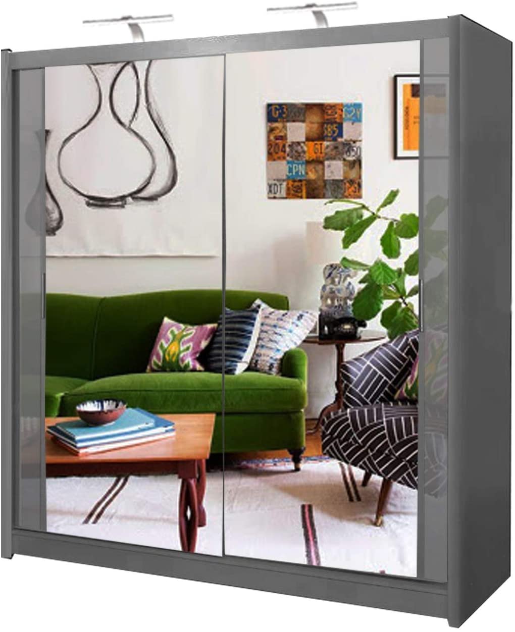 Mirror Double Sliding Door Grey Wardrobe LED Light - USTAD HOME