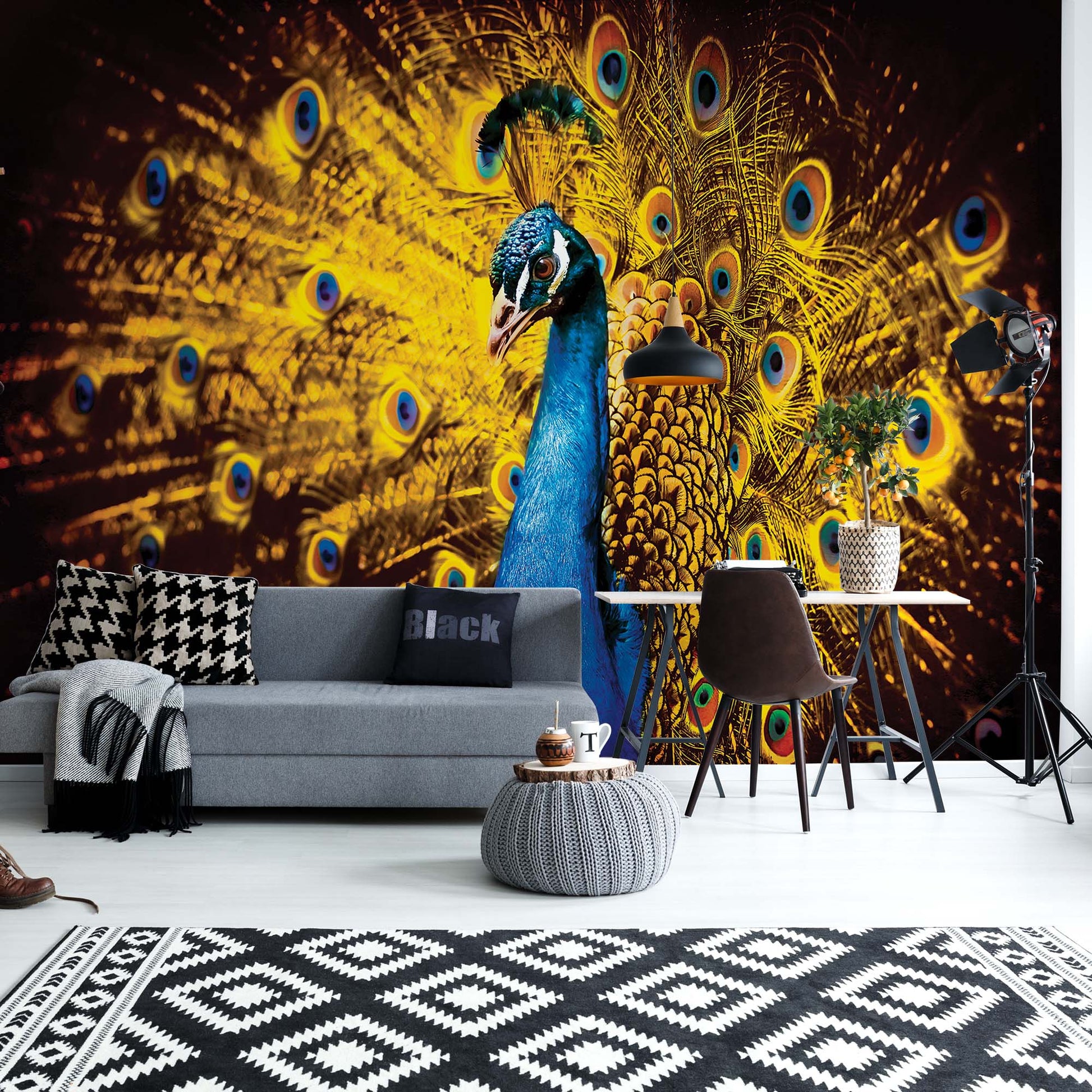 Peacock Bird Gold Feathers Photo Wallpaper Wall Mural - USTAD HOME