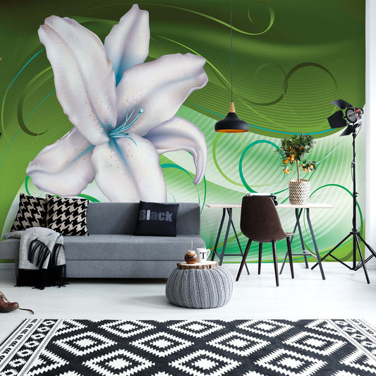 Lily Modern Floral Design Green Photo Wallpaper Wall Mural - USTAD HOME