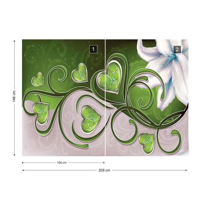 Lily Hearts Green Swirls Photo Wallpaper Wall Mural - USTAD HOME