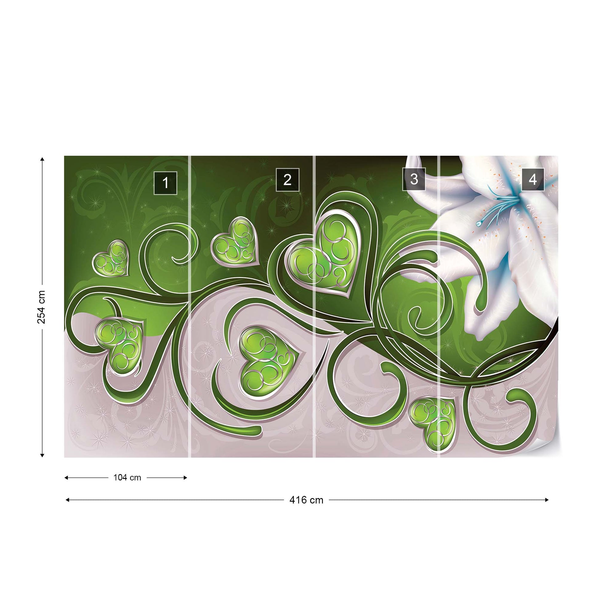 Lily Hearts Green Swirls Photo Wallpaper Wall Mural - USTAD HOME