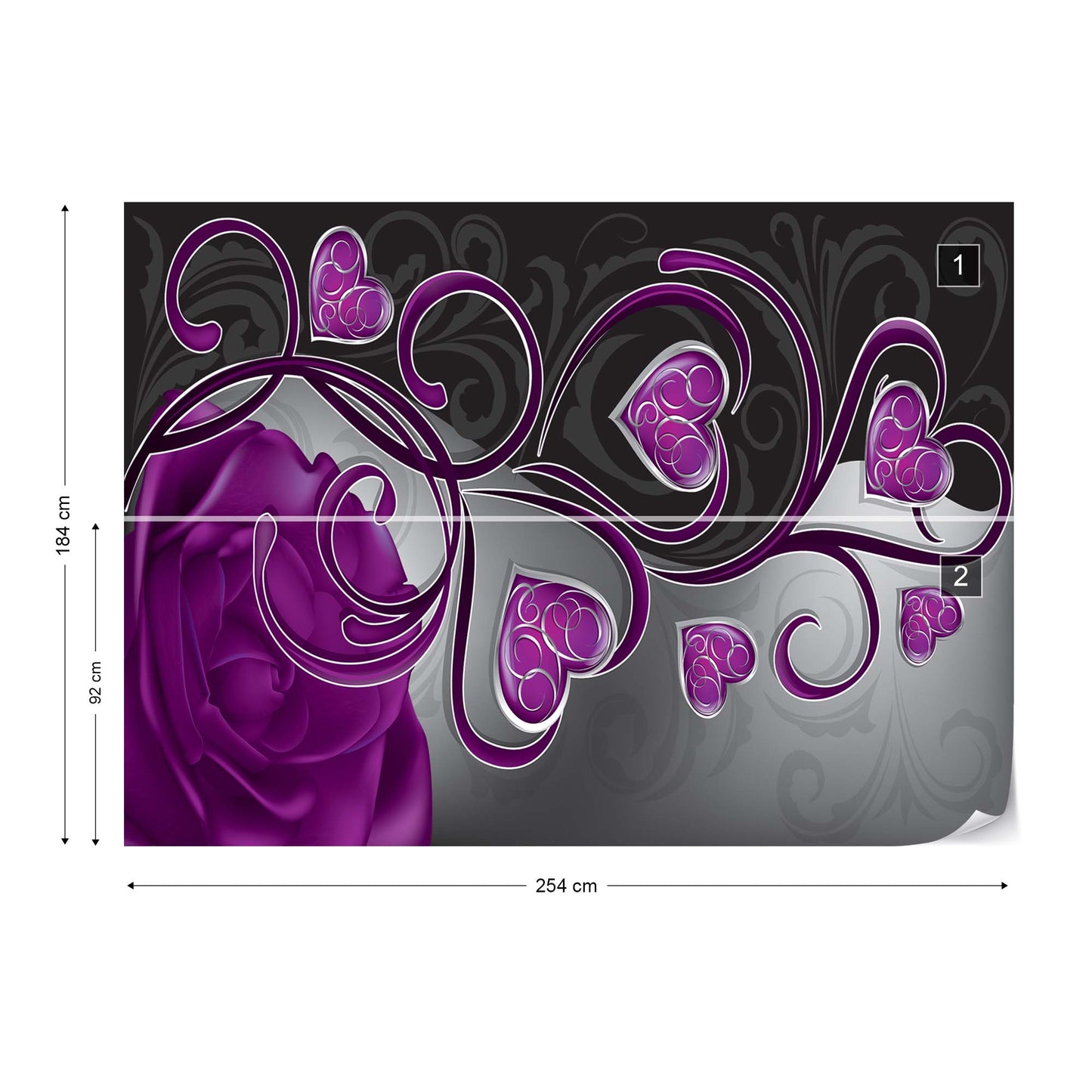 Rose Hearts Purple Swirly Modern Design Photo Wallpaper Wall Mural - USTAD HOME