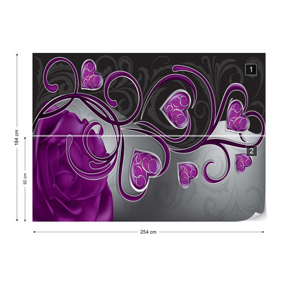 Rose Hearts Purple Swirly Modern Design Photo Wallpaper Wall Mural - USTAD HOME