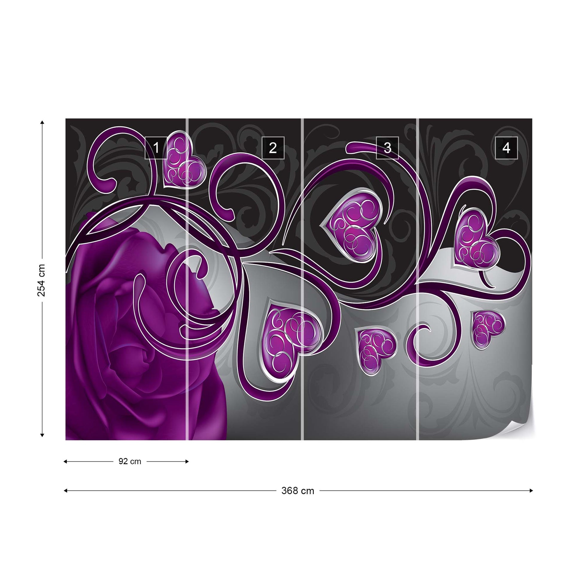 Rose Hearts Purple Swirly Modern Design Photo Wallpaper Wall Mural - USTAD HOME