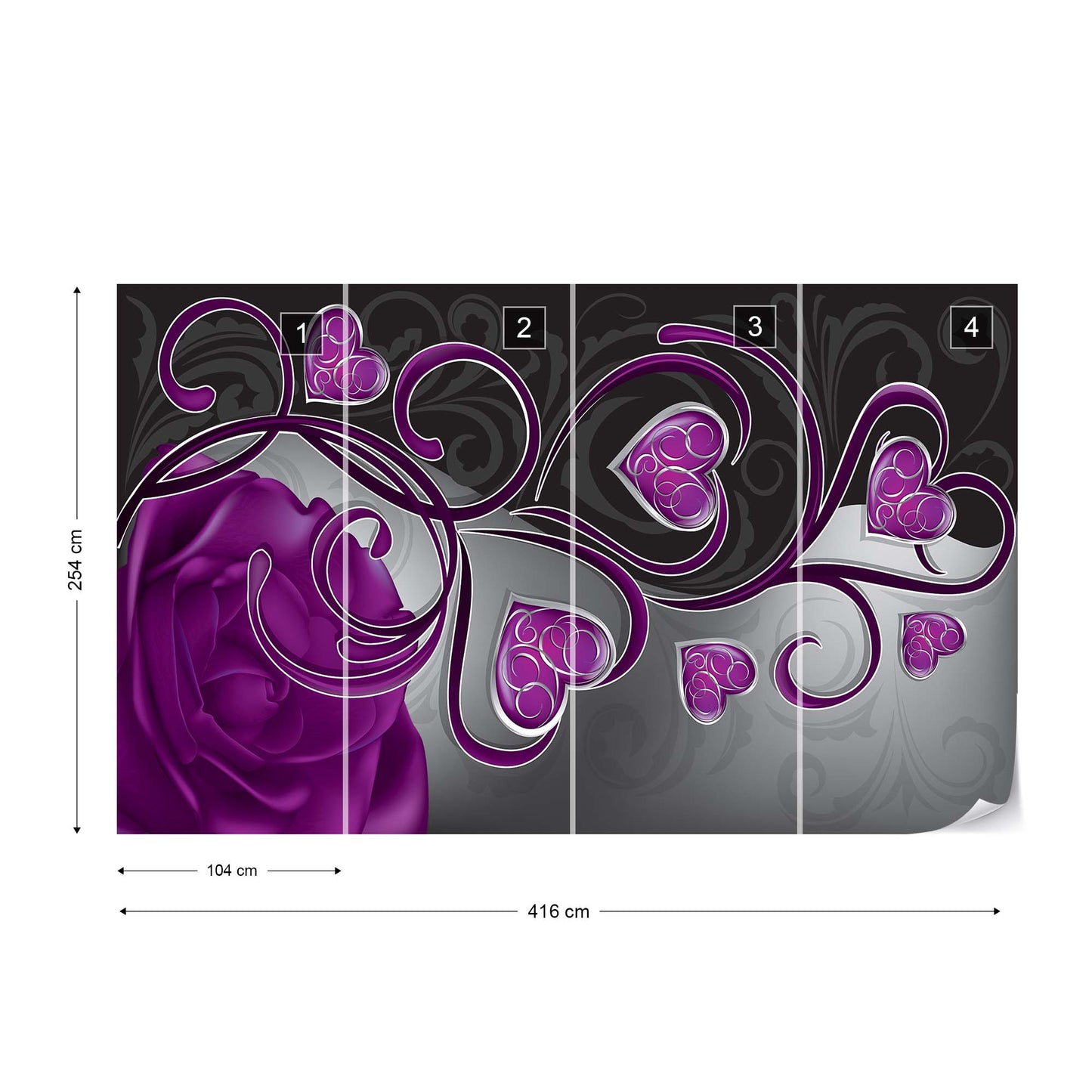 Rose Hearts Purple Swirly Modern Design Photo Wallpaper Wall Mural - USTAD HOME