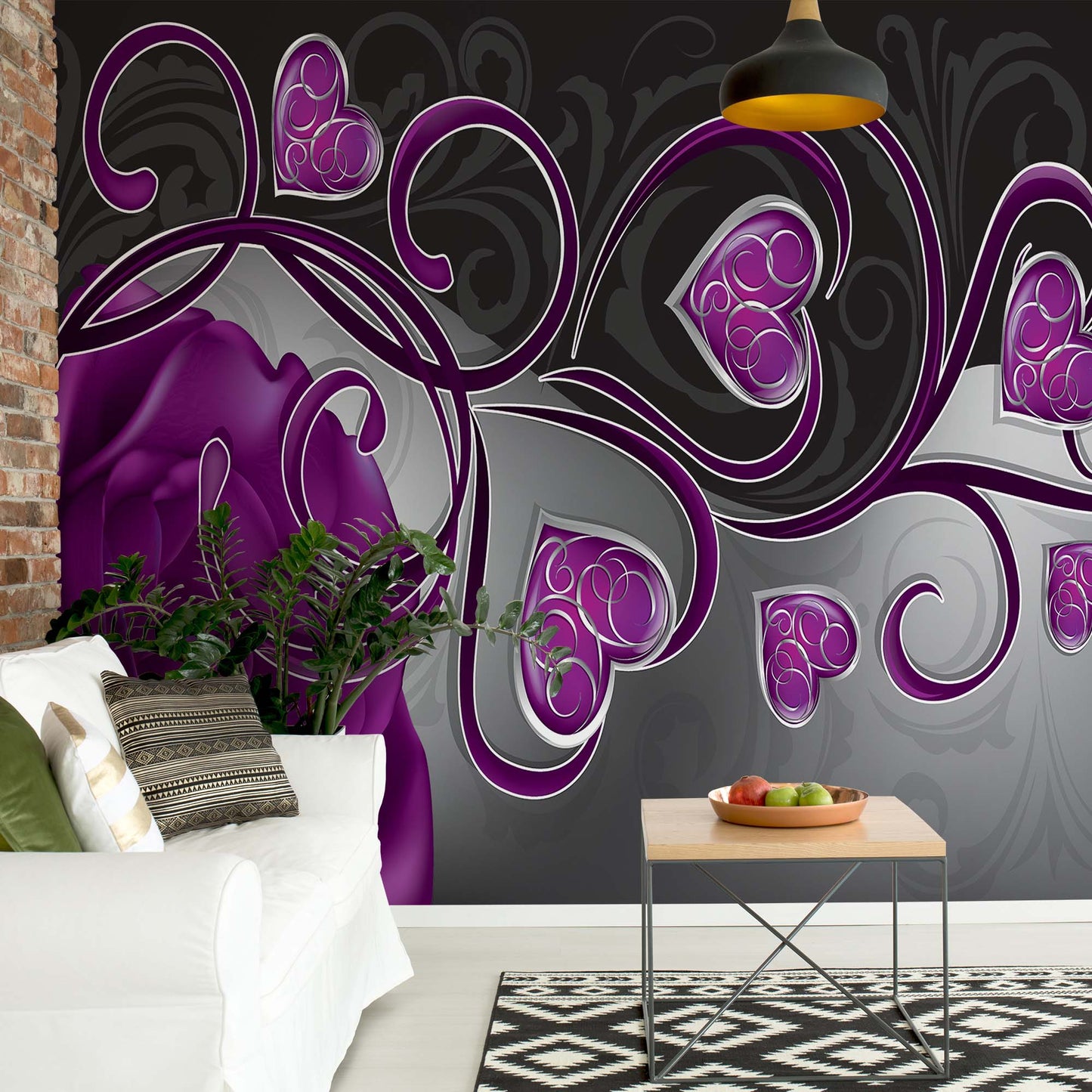 Rose Hearts Purple Swirly Modern Design Photo Wallpaper Wall Mural - USTAD HOME