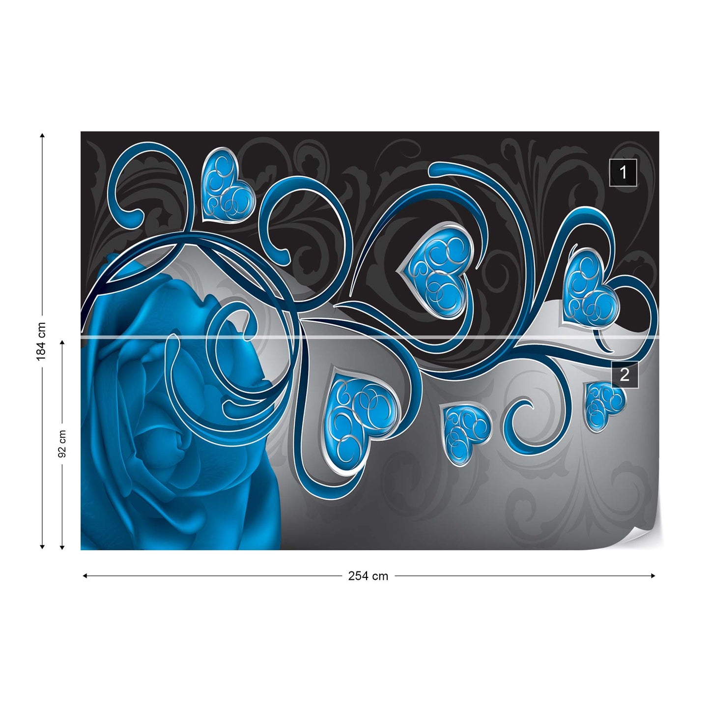 Rose Hearts Blue Swirly Modern Design Photo Wallpaper Wall Mural - USTAD HOME