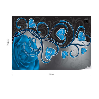 Rose Hearts Blue Swirly Modern Design Photo Wallpaper Wall Mural - USTAD HOME