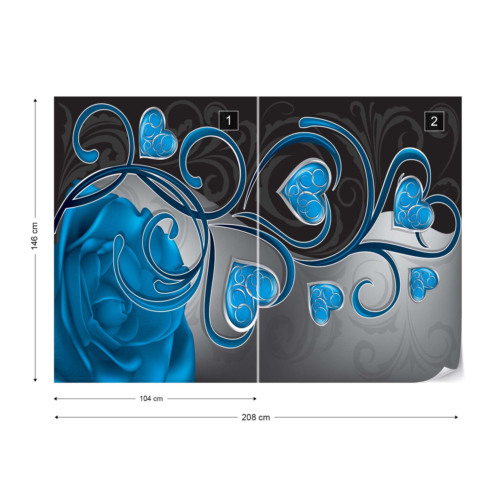 Rose Hearts Blue Swirly Modern Design Photo Wallpaper Wall Mural - USTAD HOME