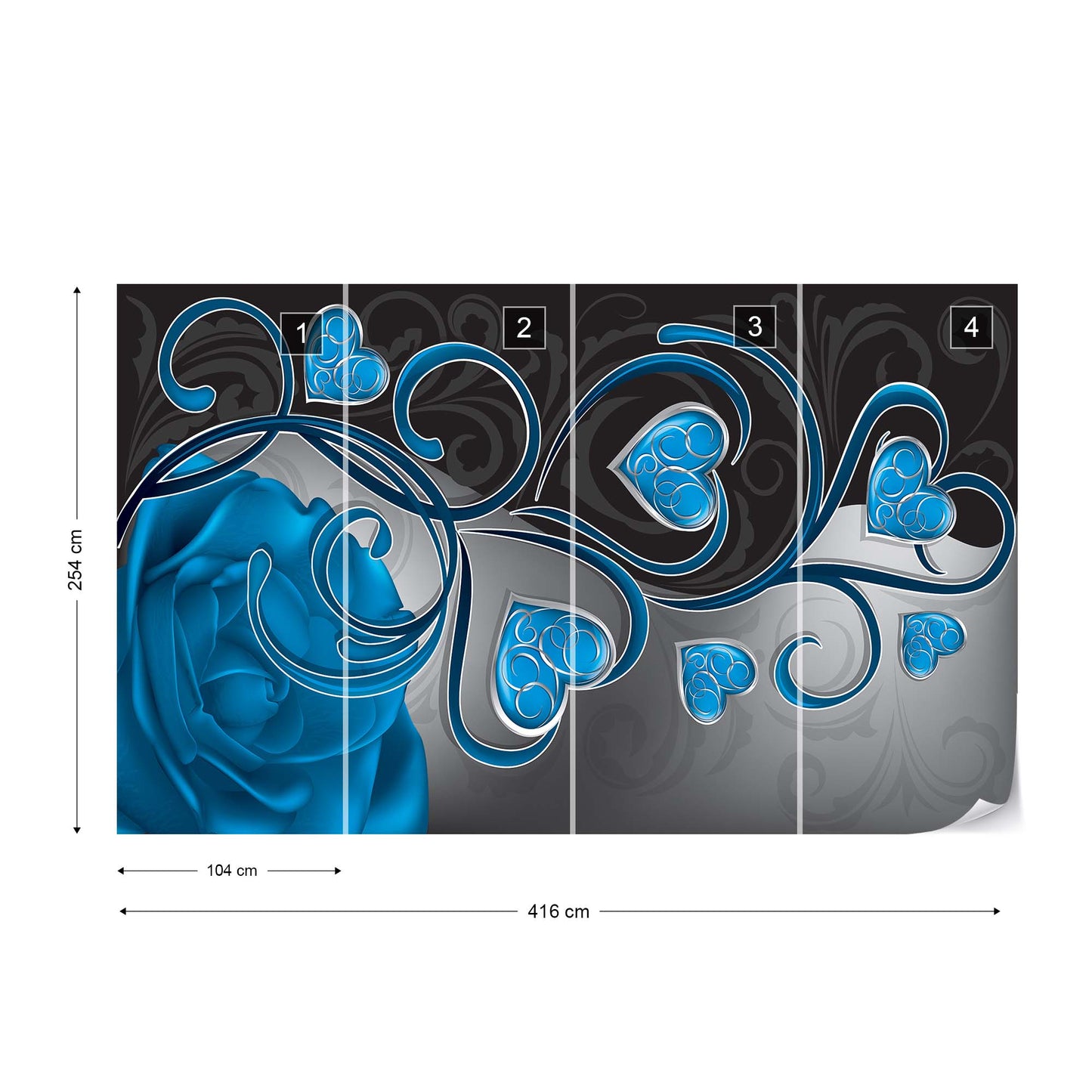 Rose Hearts Blue Swirly Modern Design Photo Wallpaper Wall Mural - USTAD HOME