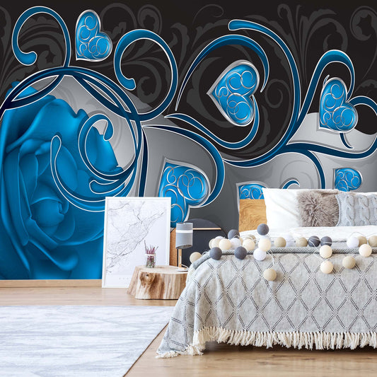 Rose Hearts Blue Swirly Modern Design Photo Wallpaper Wall Mural - USTAD HOME