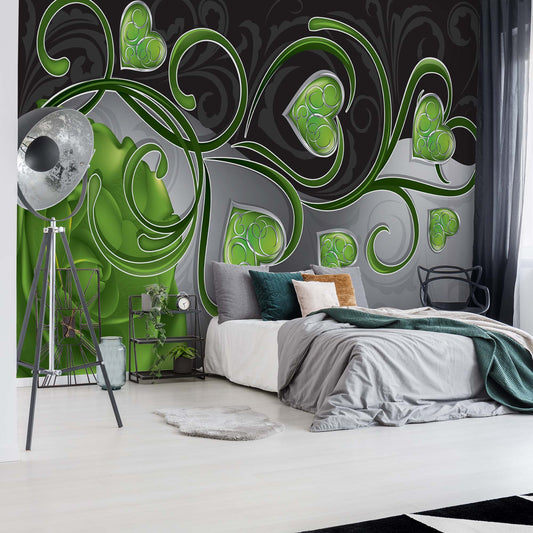 Rose Hearts Green Swirly Modern Design Photo Wallpaper Wall Mural - USTAD HOME