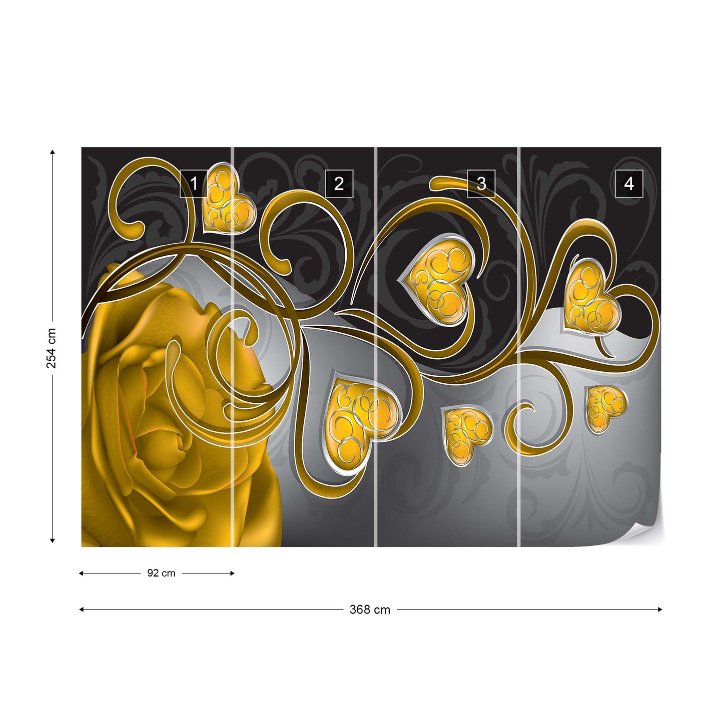 Rose Hearts Yellow Swirly Modern Design Photo Wallpaper Wall Mural - USTAD HOME