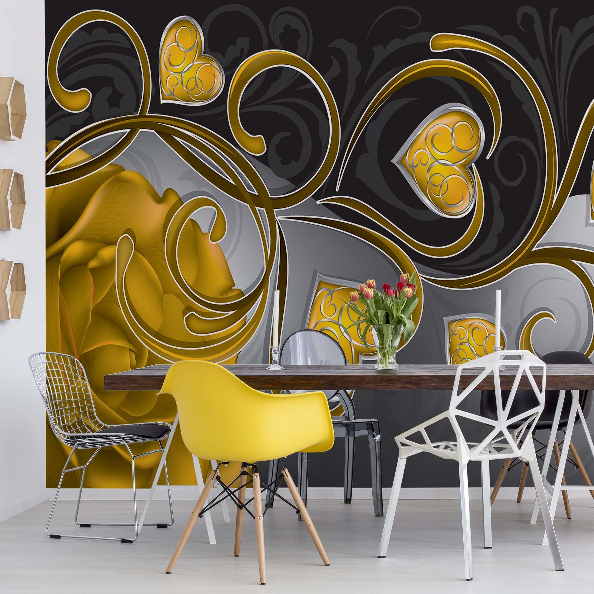 Rose Hearts Yellow Swirly Modern Design Photo Wallpaper Wall Mural - USTAD HOME