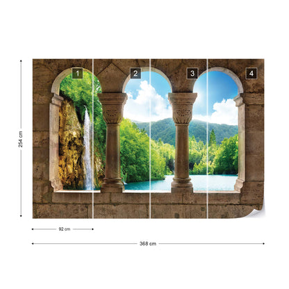 Lake Waterfall View Through Stone Arches Photo Wallpaper Wall Mural - USTAD HOME