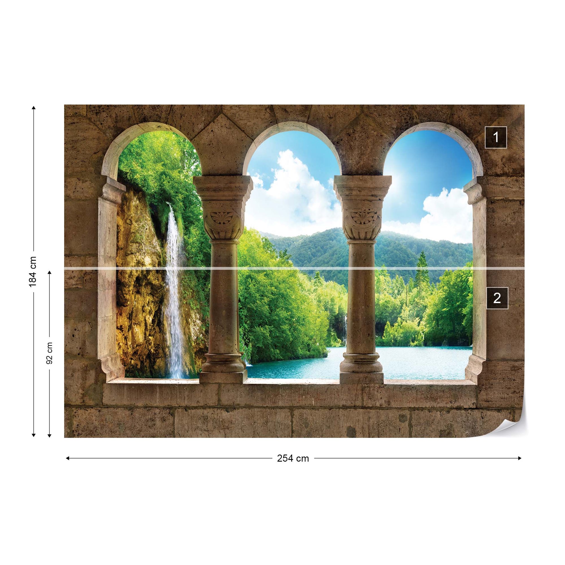 Lake Waterfall View Through Stone Arches Photo Wallpaper Wall Mural - USTAD HOME