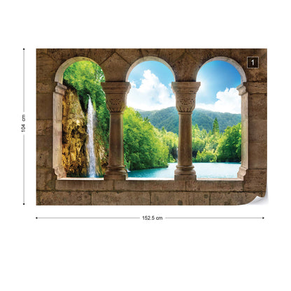 Lake Waterfall View Through Stone Arches Photo Wallpaper Wall Mural - USTAD HOME