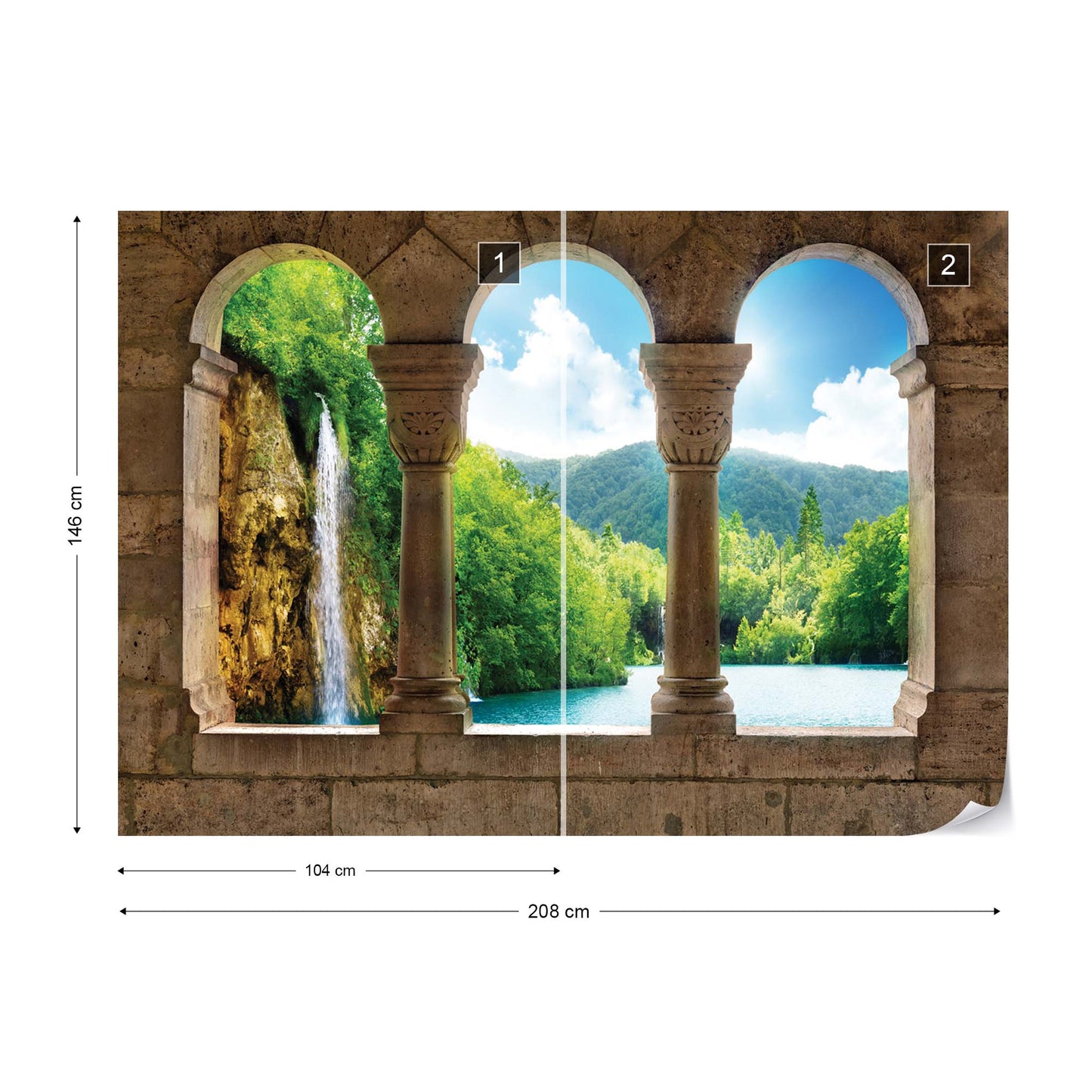 Lake Waterfall View Through Stone Arches Photo Wallpaper Wall Mural - USTAD HOME