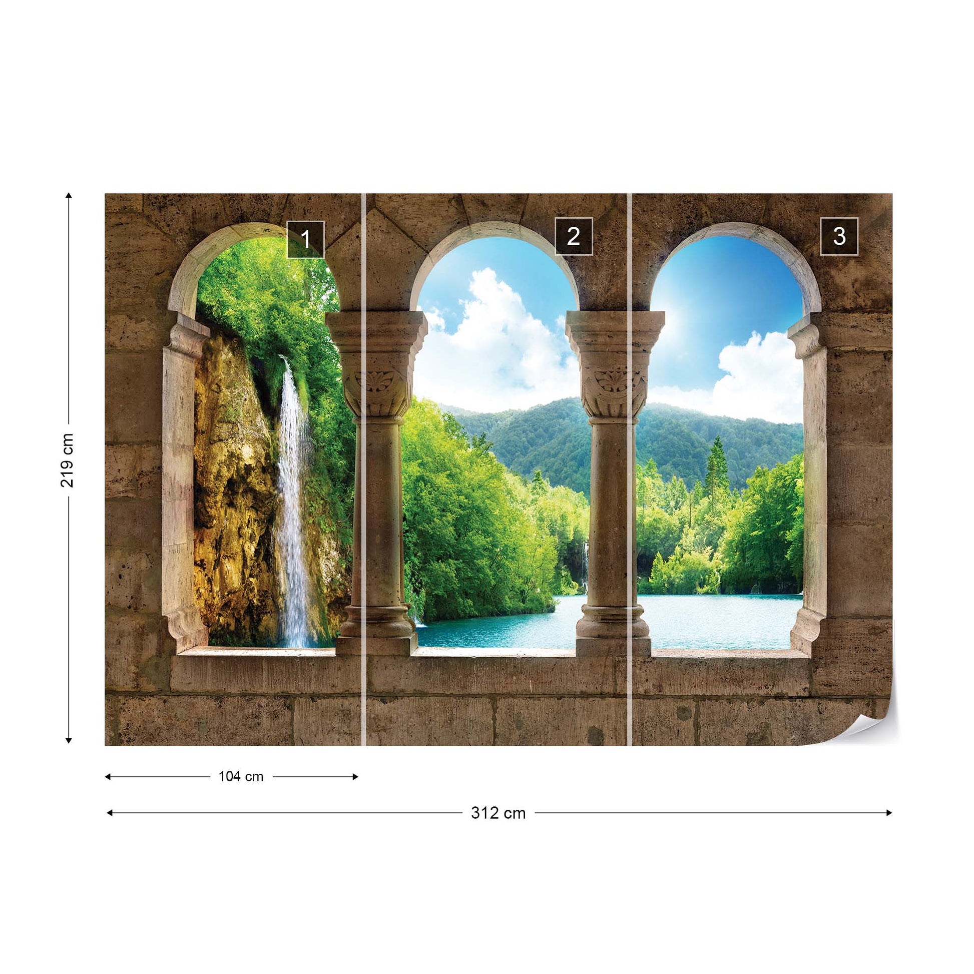 Lake Waterfall View Through Stone Arches Photo Wallpaper Wall Mural - USTAD HOME
