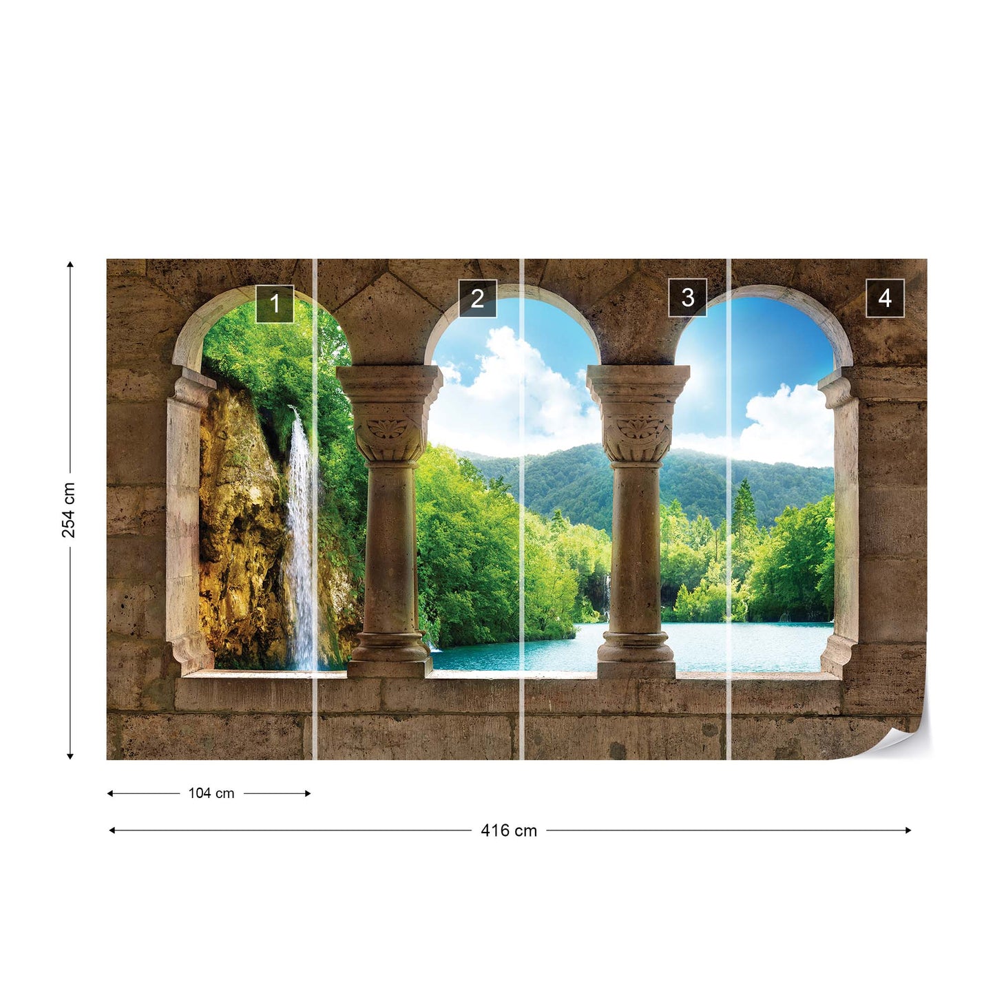 Lake Waterfall View Through Stone Arches Photo Wallpaper Wall Mural - USTAD HOME