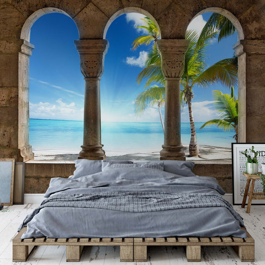 Paradise Island Beach View Through Stone Arches Photo Wallpaper Wall Mural - USTAD HOME