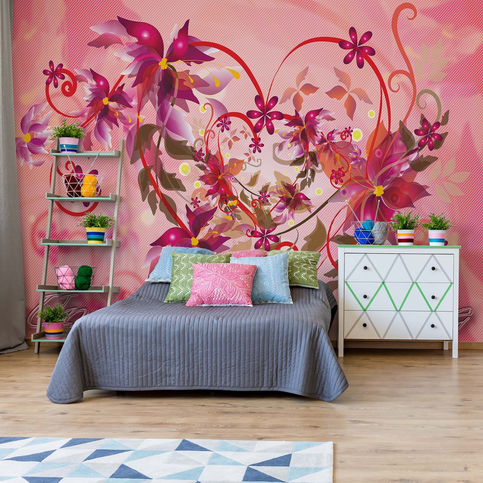 Love Heart Flowers Swirly Design Photo Wallpaper Wall Mural - USTAD HOME