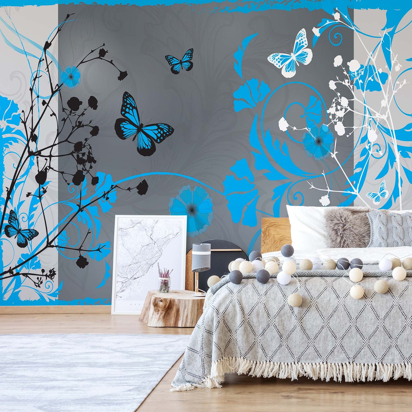 Flowers And Butterflies Modern Design Blue Photo Wallpaper Wall Mural - USTAD HOME