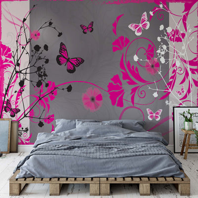 Flowers And Butterflies Modern Design Pink Photo Wallpaper Wall Mural - USTAD HOME