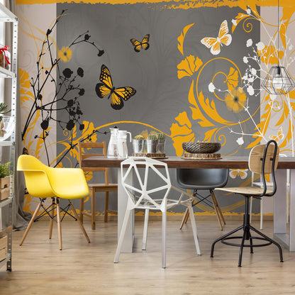Flowers And Butterflies Modern Design Yellow Photo Wallpaper Wall Mural - USTAD HOME