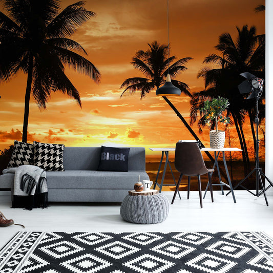 Beach Tropical Sunset Palms Photo Wallpaper Wall Mural - USTAD HOME