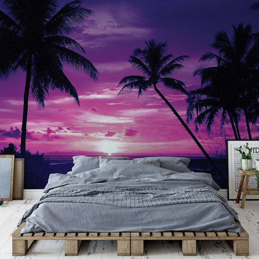 Beach Tropical Sunset Purple Palms Photo Wallpaper Wall Mural - USTAD HOME