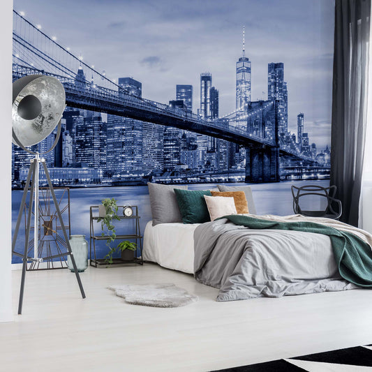 Brooklyn Bridge NYC in Blue Wallpaper Waterproof for Rooms Bathroom Kitchen - USTAD HOME