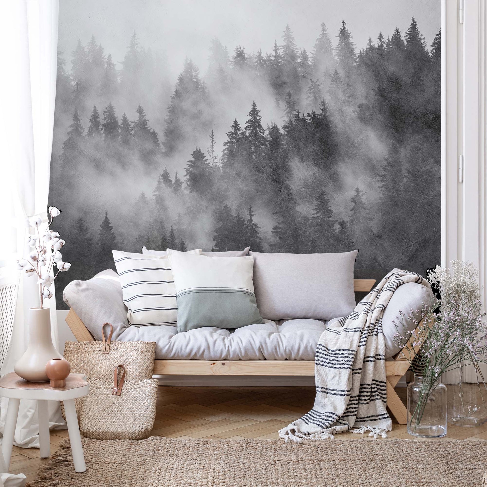 Forest in the Mist Textured Black and White Wallpaper Waterproof for Rooms Bathroom Kitchen - USTAD HOME