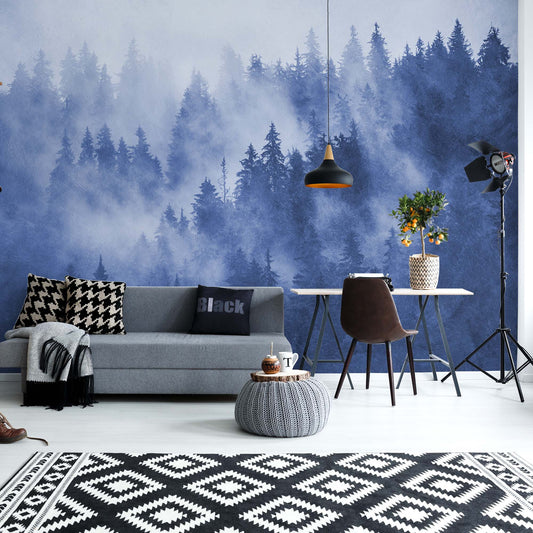 Forest in the Mist Textured in Blue Wallpaper Waterproof for Rooms Bathroom Kitchen - USTAD HOME