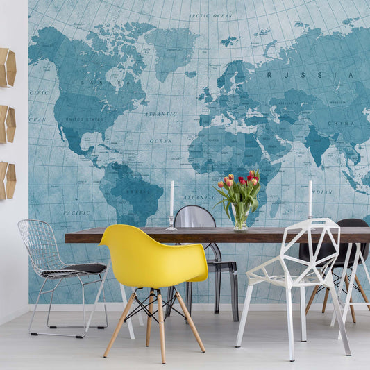 World Map Textured Blue Wallpaper Waterproof for Rooms Bathroom Kitchen - USTAD HOME