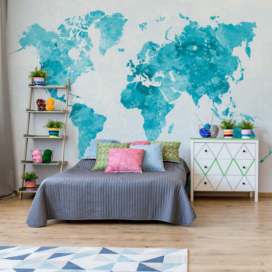 Watercolour World Map Turquoise Wallpaper Waterproof for Rooms Bathroom Kitchen - USTAD HOME