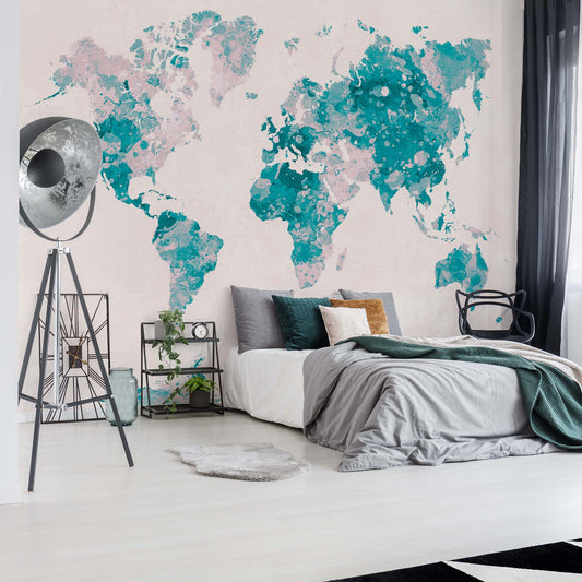 Watercolour World Map Turquoise and Pink Wallpaper Waterproof for Rooms Bathroom Kitchen - USTAD HOME