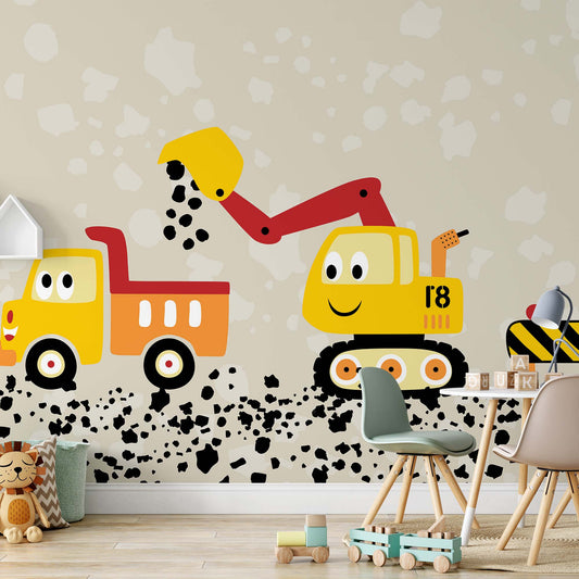 Working Hard with Lorry and Digger Wallpaper Waterproof for Rooms Bathroom Kitchen Waterproof for Rooms Bathroom Kitchen - USTAD HOME