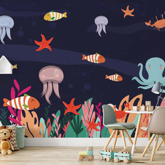 Friends under the Waves Deep Blue Wallpaper Waterproof for Rooms Bathroom Kitchen Waterproof for Rooms Bathroom Kitchen - USTAD HOME