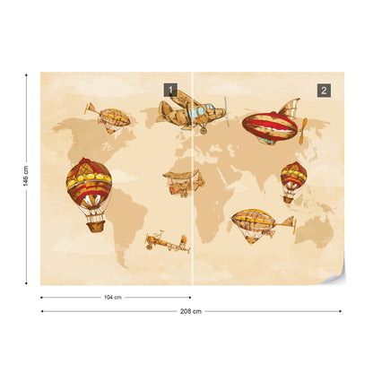 Vintage Planes and Balloons around the World I Wallpaper Waterproof for Rooms Bathroom Kitchen - USTAD HOME