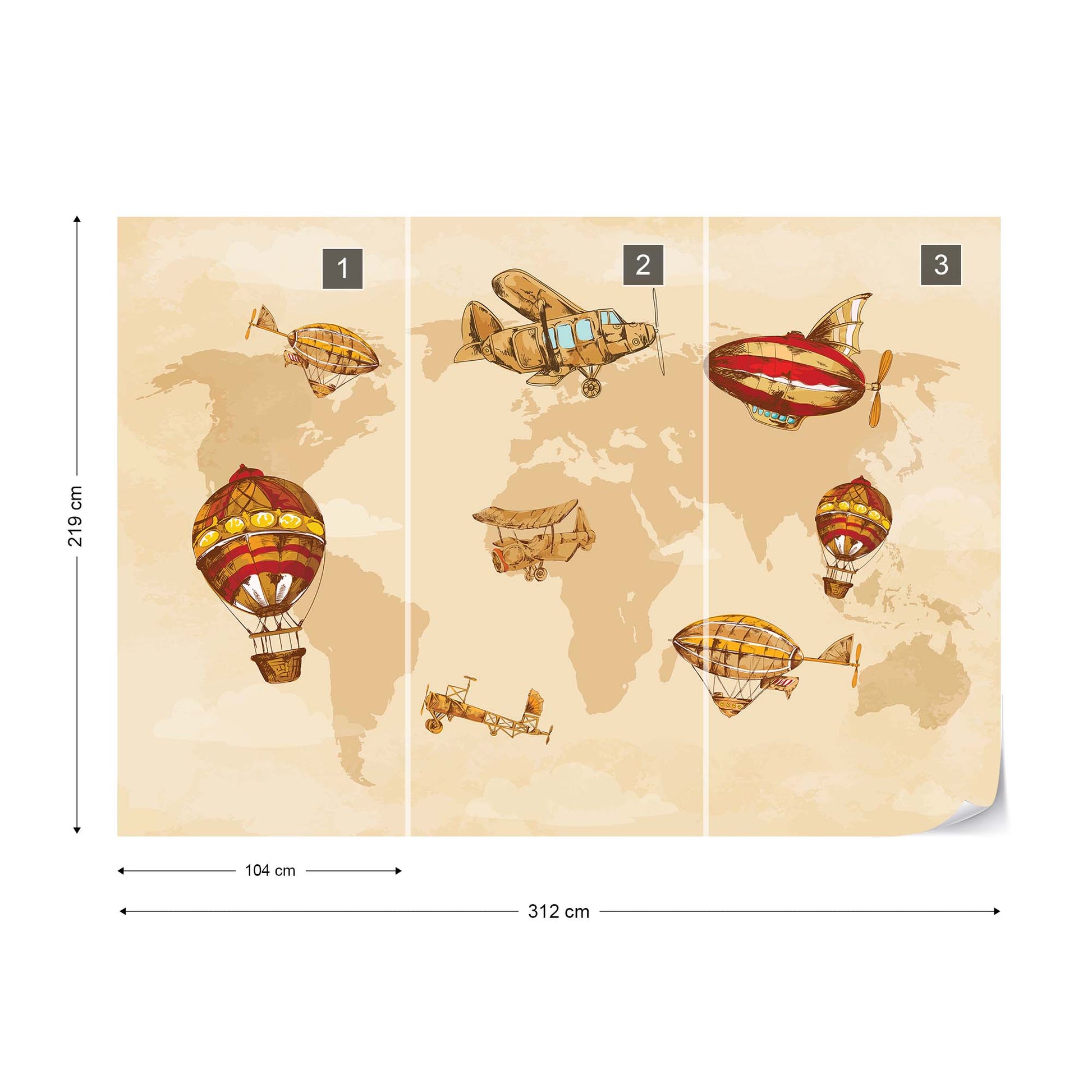 Vintage Planes and Balloons around the World I Wallpaper Waterproof for Rooms Bathroom Kitchen - USTAD HOME