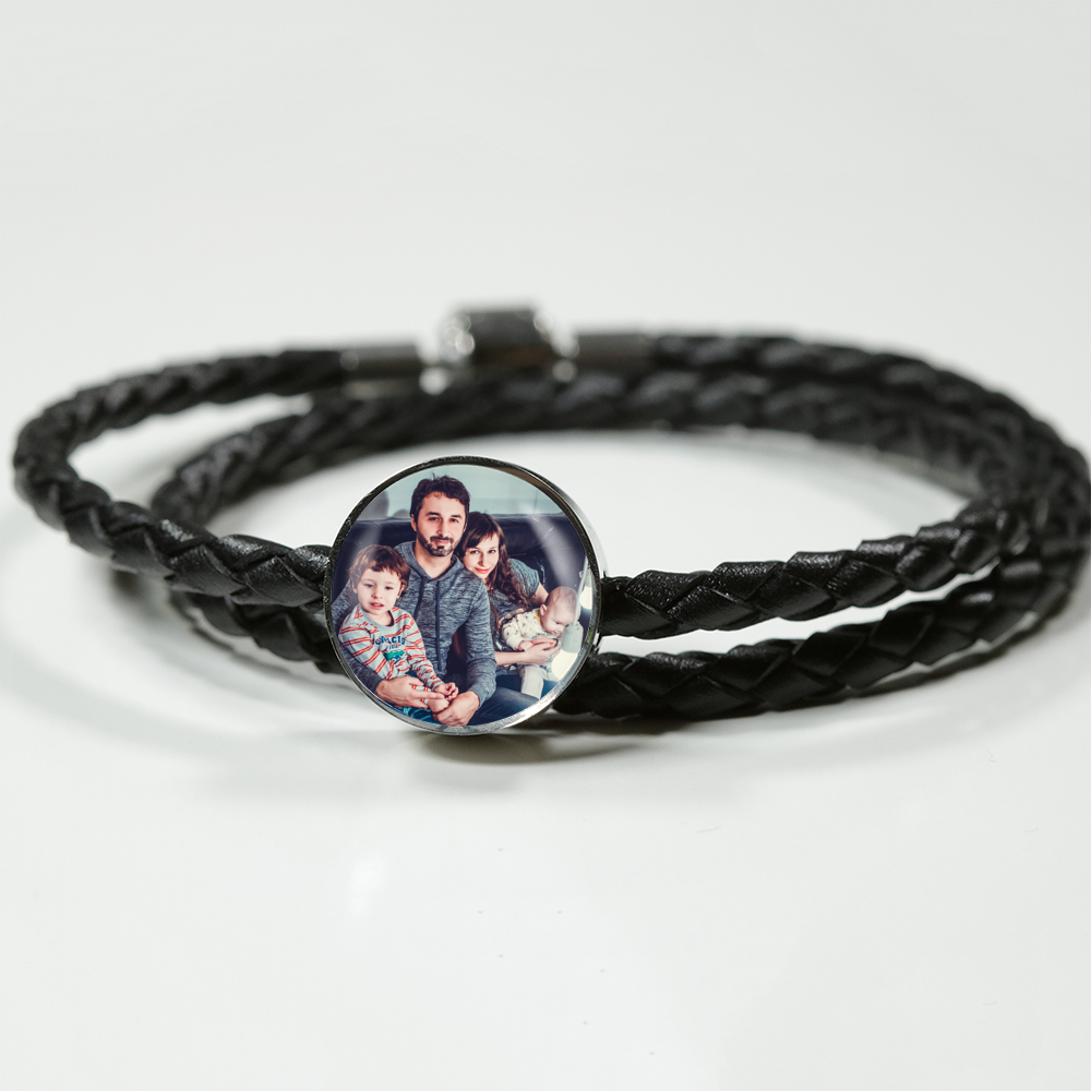 Custom Round Photo Pendant with Leather Woven Bracelet - USTAD HOME