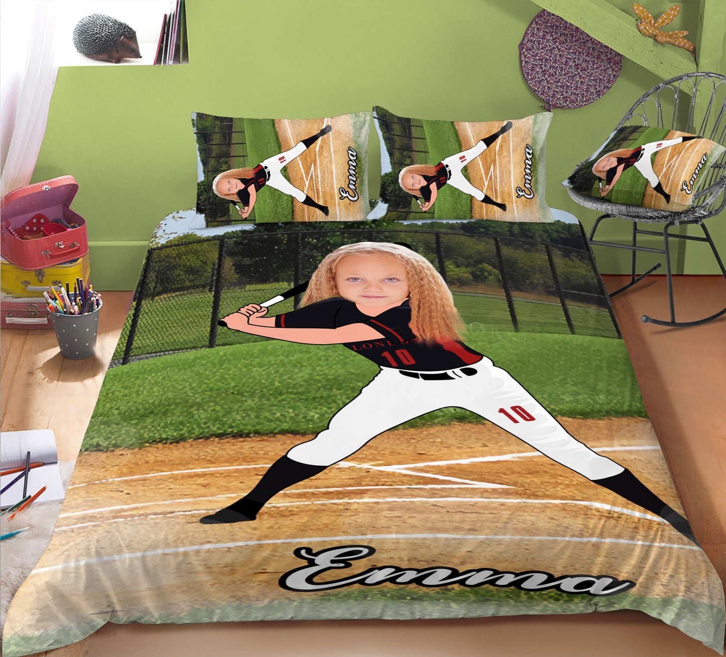 Girl Personalised Baseball Player 3-Piece Bedding Set - USTAD HOME